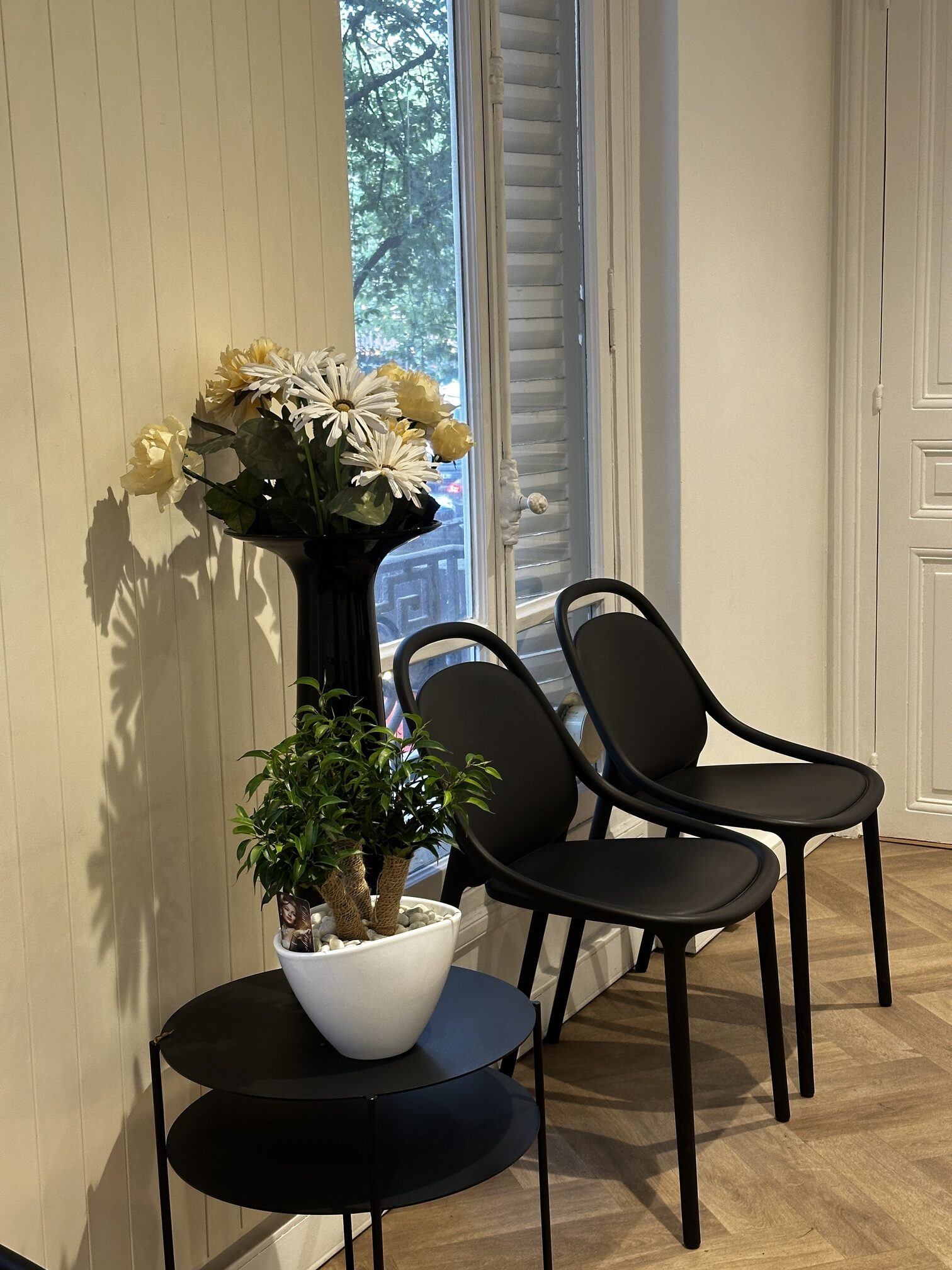 salle d'attente avec deux chaises et un vase avec des fleurs